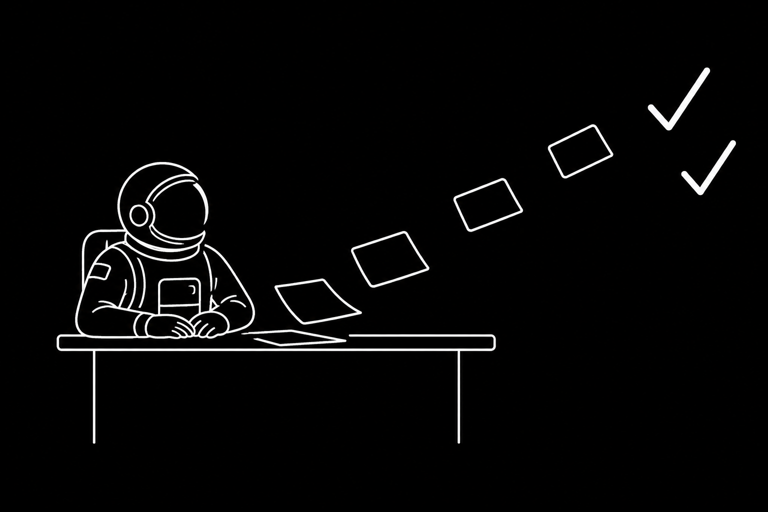 An astronaut watches work lift from a desk and become completed checkmarks.
